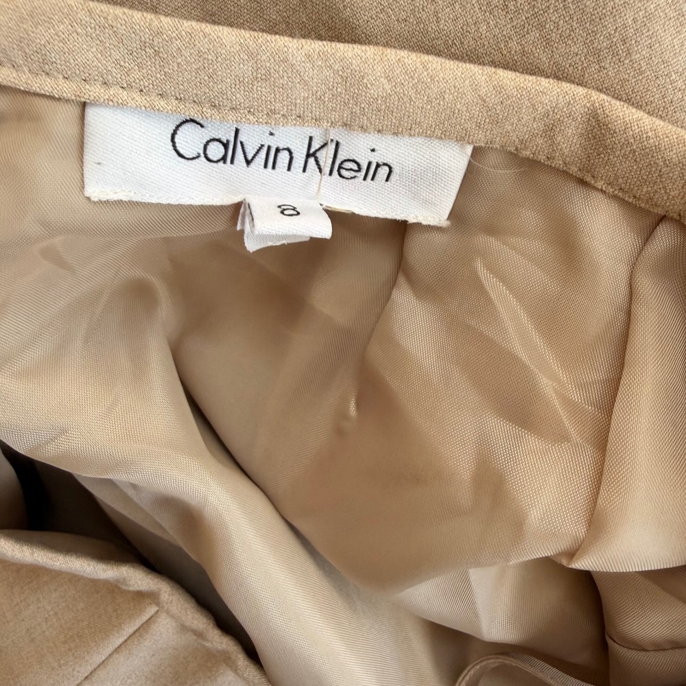 Calvin Klein Beige Stretch 2 Piece Skirt Suit Double Breasted Belted Women's 8 - Picture 9 of 11
